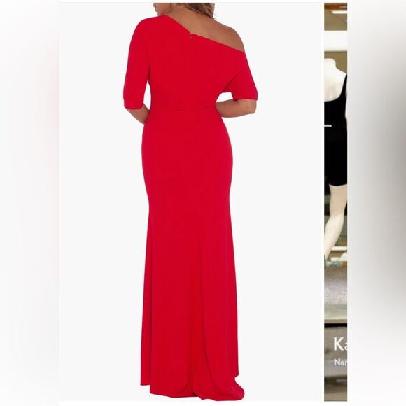 Betsy & Adam One Shoulder Crepe Scuba Trumpet Gown NWT - Picture 2 of 5